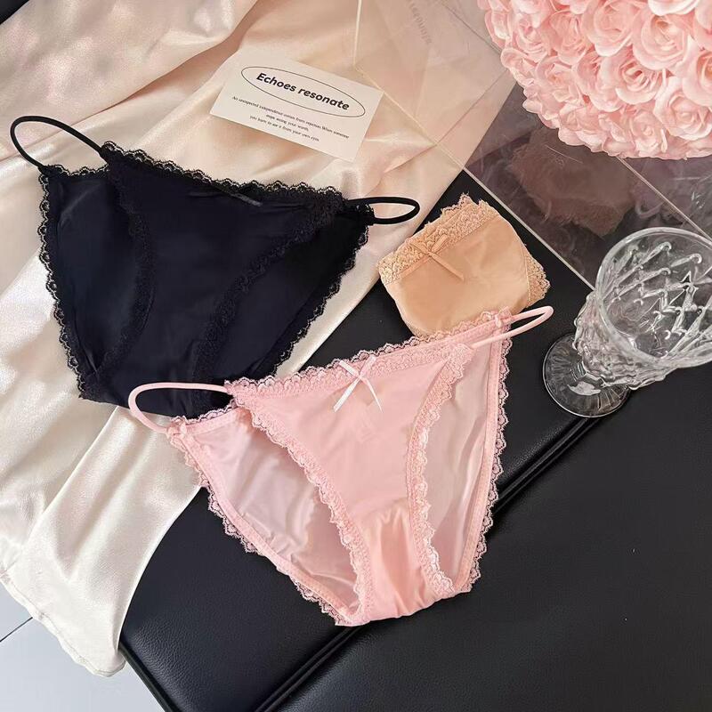 Girls Bikini Sexy Low-Waist Underwear Breathable Lace Edge Ice Silk Quick-Drying Seamless Women's Thin Strap Briefs