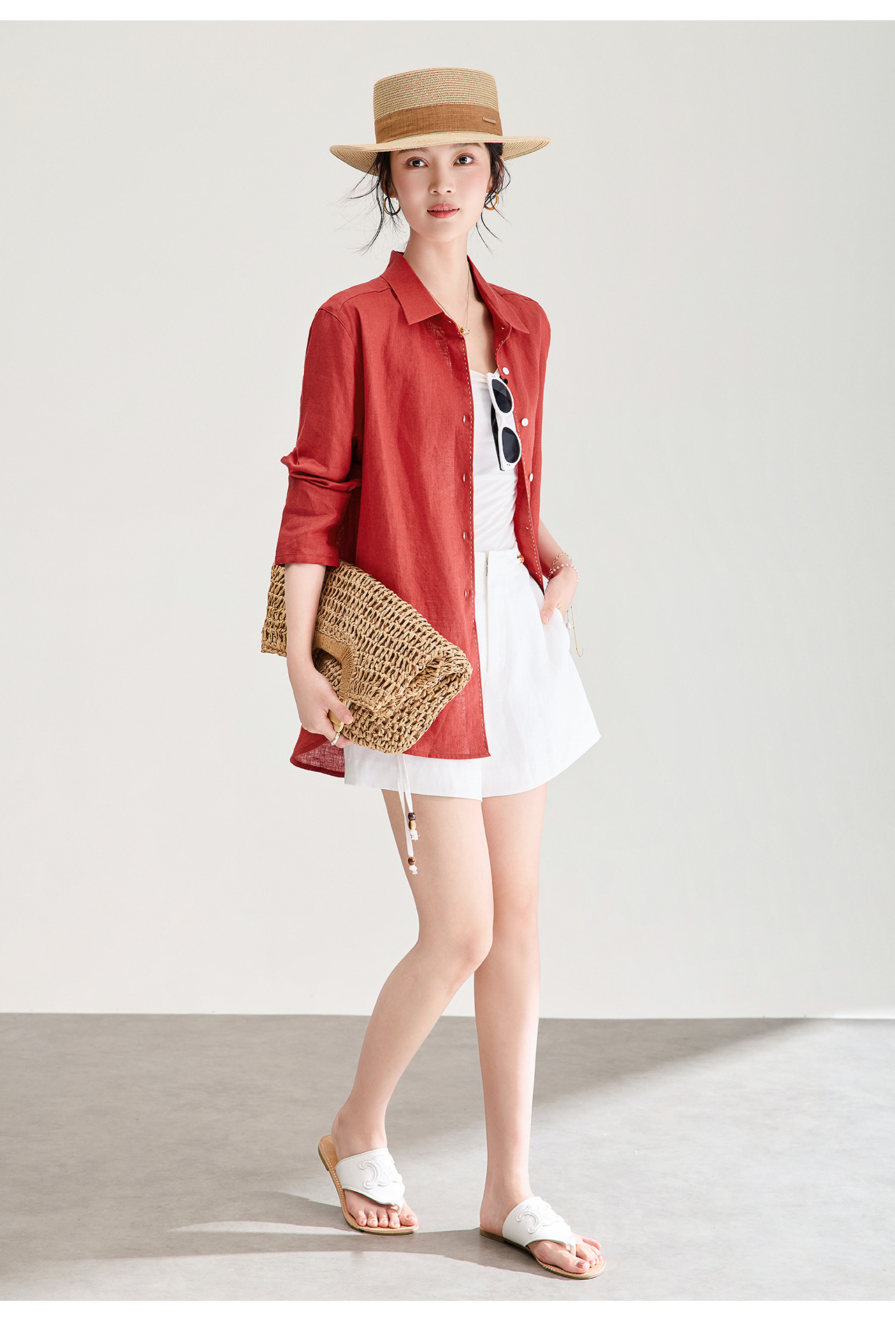 Áo sơ mi nữ linen chất lượng cao, phong cách cổ điển thư giãn, dáng rộng mùa hè — Đỏ Vermilion chi tiết 16