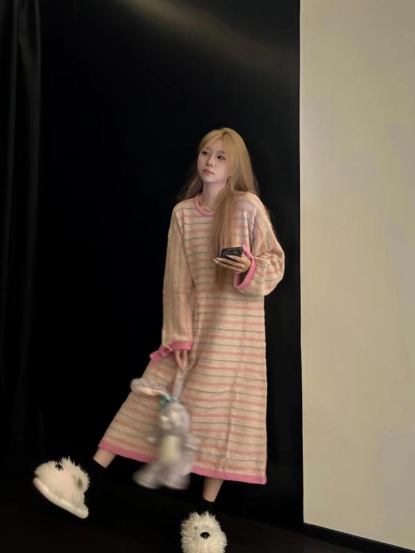 甜美少女条纹半边绒睡衣女款2025新款长袖针织保暖加厚家居服睡裙|undefined