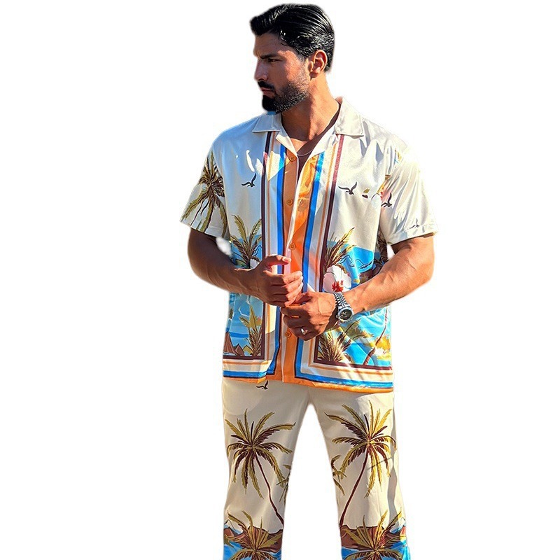 Neues Herrenhemd mit Print, lässiges Kurzarm-Set mit langer Hose für den Strand_voghion.com