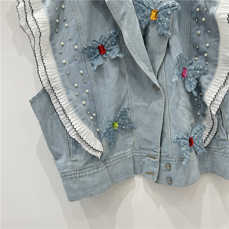 Estación europea de primavera y verano de 2025 nueva empalme de hoja de loto borde suelto versátil mariposa tridimensional jeans clip cardigan chaqueta image 4