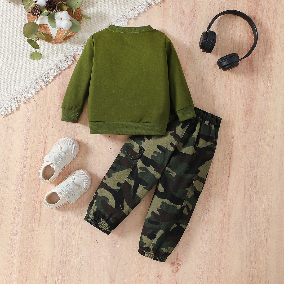 Ensemble deux pièces décontracté pour garçons, vêtements d'automne pour enfants, sweat à capuche à manches longues et pantalon camouflage avec lettres_voghion.com