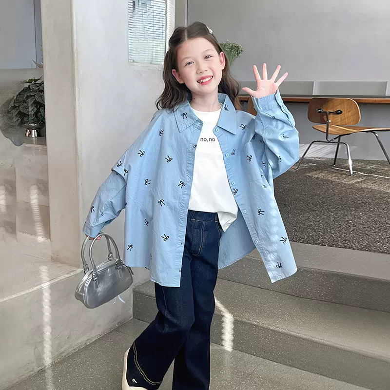 女童宽松潮搭中长款衬衣儿童洋气网红衬衫大童上衣2025春秋装新款
