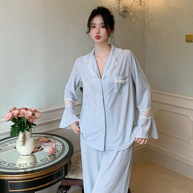 法式睡衣套装新品冬季喇叭袖长裤丝绒套装甜美公主风新款家居服女|undefined