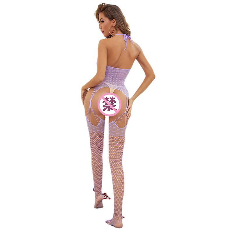 Medias sexys Benqian, estilo europeo y americano, medias de rejilla, mono de rejilla con cuello halter, uniforme femenino tentador 9196
