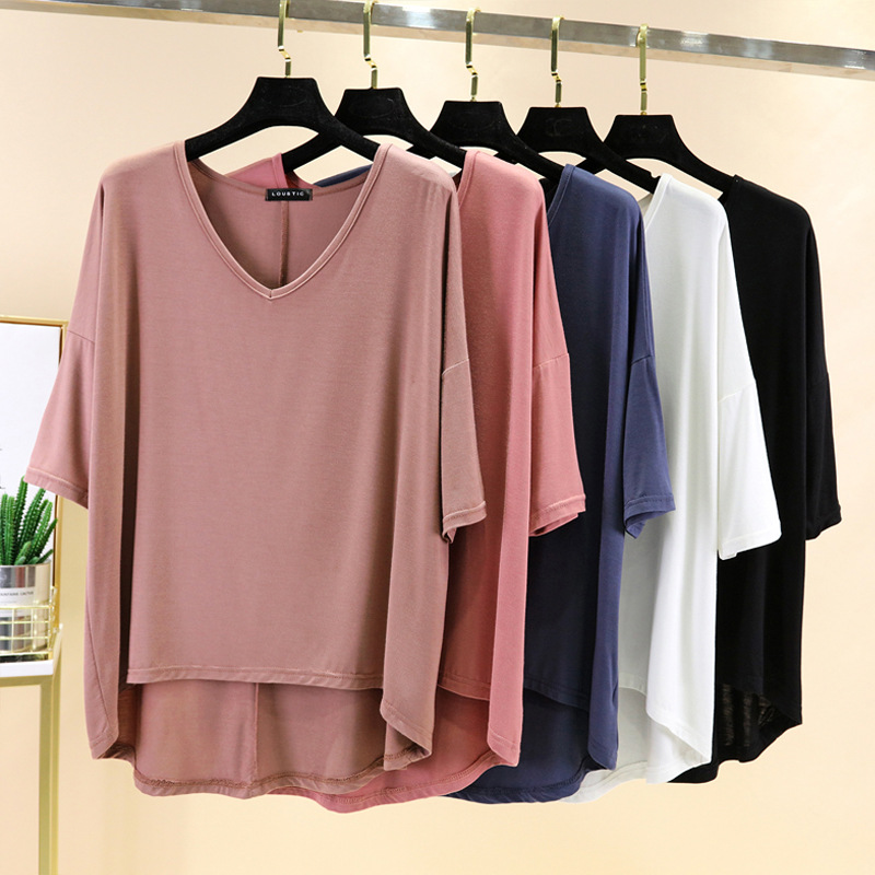 Modal Short-Sleeved Loose T-Shirt for Women in Spring and Summer, Large Size Slimming Look V-Neck Top, Asymmetrical European and American Half-Sleeved Women's Clothing