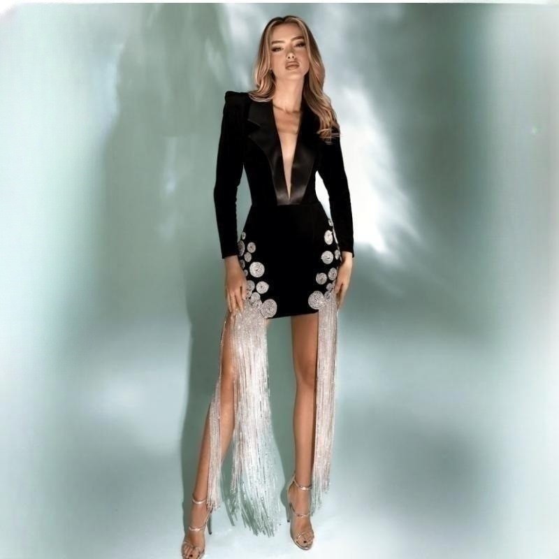 AliExpress Hot A Diamond Tassel Sexy Deep V-Neck Suit Black Bandage dress Beautiful High-class Evening Dress