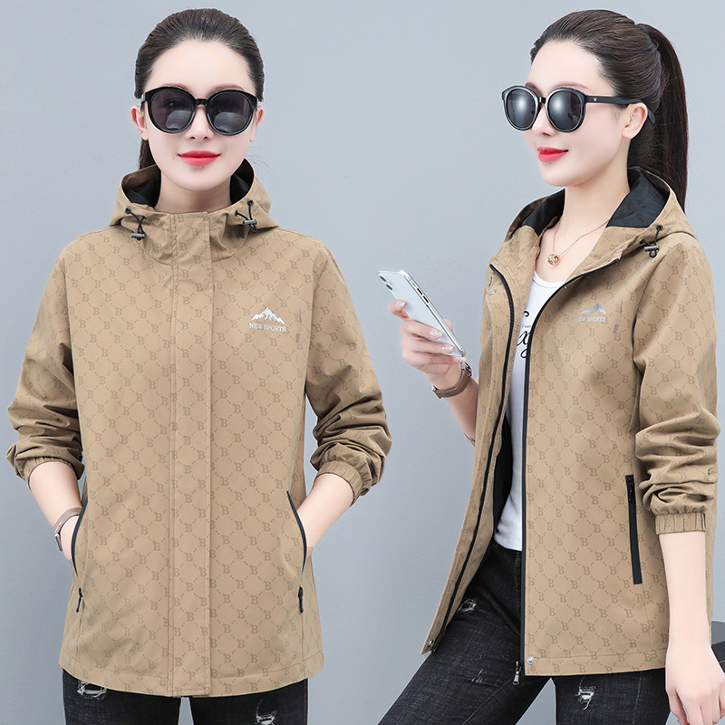 Outdoor Windproof and Waterproof Drawstring Hooded Jacket Windbreaker Jacket for Women Spring & Fall Middle-Aged Mother Printed Cycling Jacket