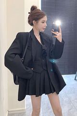 韩系宽松西装外套领马甲背心高腰百褶裙三件套女早秋季时尚套装
