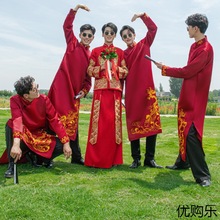中國風長袍大褂唐裝馬褂伴郎服中式結婚禮服兄弟團秋冬接親服裝男
