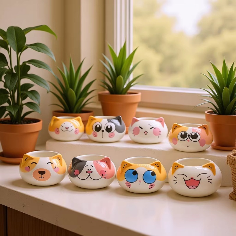 Maceta de cerámica con diseño de planta verde de estilo caricaturesco, adorno de decoración para el hogar, linda figura de animal con infusión de cera, recipiente de aromaterapia para escritorio