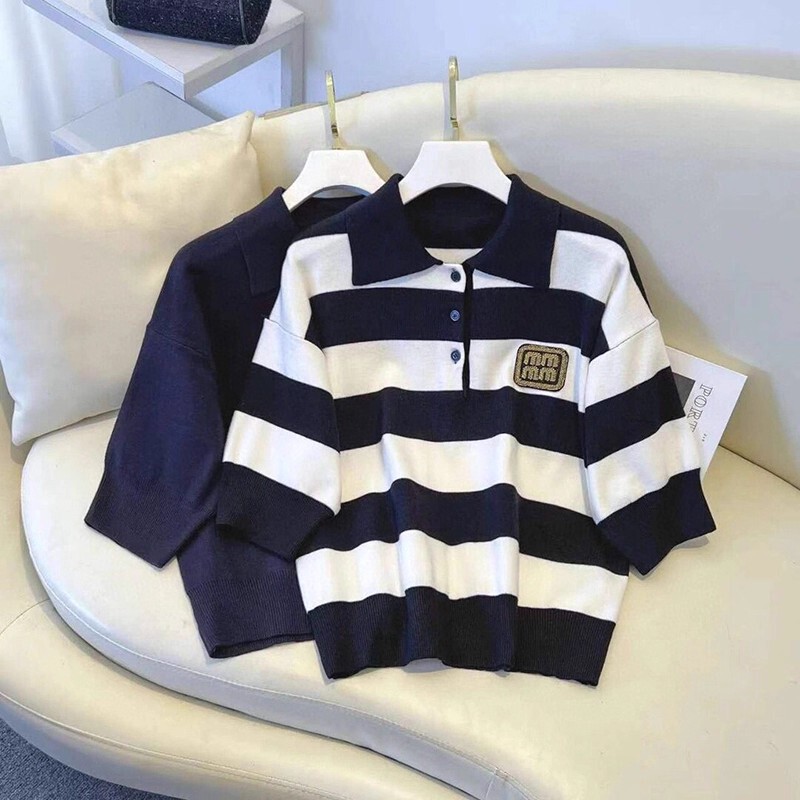 College Style Polo Collar Loose Plaid Exquisite Knitwear Women 2025 Summer New Casual Plaid Breathable Top