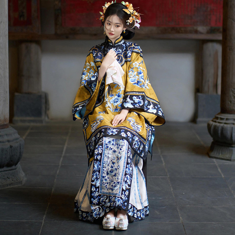 Traditional Chinese Hanfu Outfit for Women: Qing Dynasty Style with Heavy Embroidery and Print, Late Qing Dynasty Style Ma Tien Skirt Set