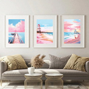 Modern Foreign Trade Illustration Style Pink Romantic Beach Lighthouse Living Room Bedroom Poster Canvas Painting Decorative Painting Core Frameless