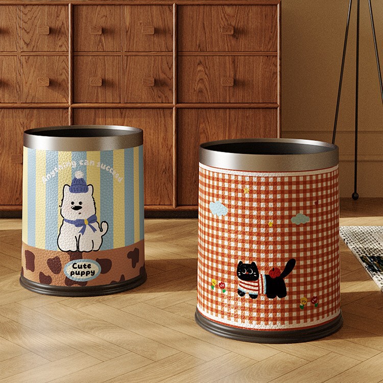 Cartoon Cute Style Leather Trash Can with Good Appearance, Bedroom, Kidsren's Room, Living Room Paper Basket, Large Large-Capacity Storage Bucket