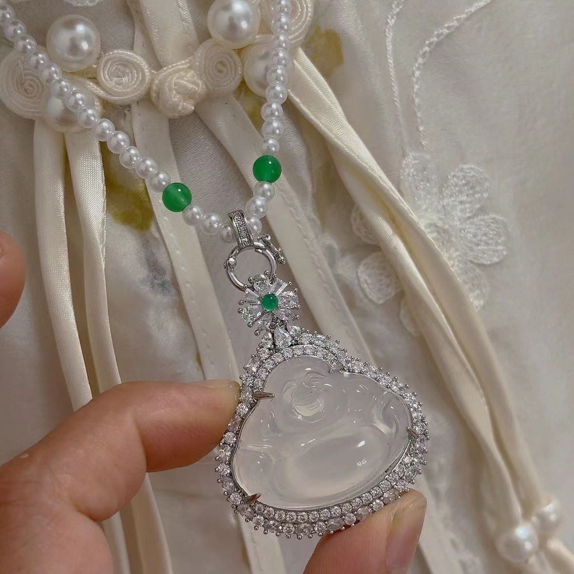 镀银镶嵌高冰种白玉髓珍珠佛公吊坠绿玛瑙108颗玉石项链葫芦吊坠