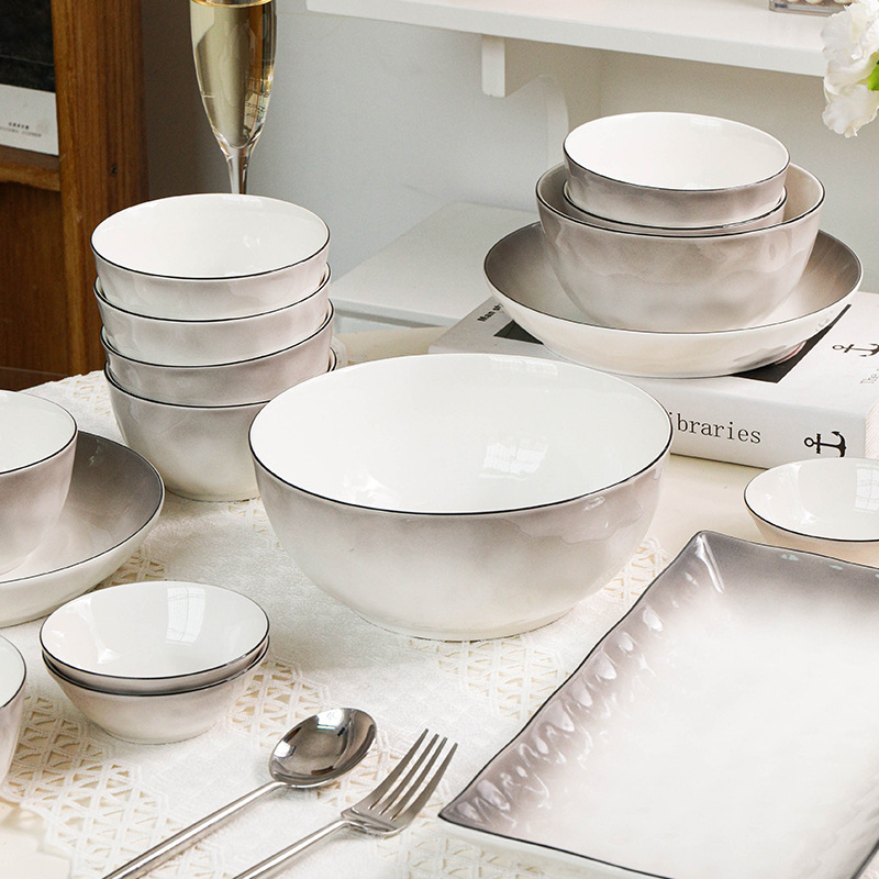 Japanese minimalist hand-pierced gradient gray household ceramic tableware set rice bowl dipping plate vegetable plate fish plate
