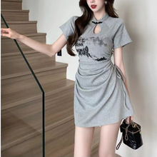 新中式盘扣旗袍裙女2025夏季辣妹印花短袖连衣裙抽绳褶皱收腰包臀