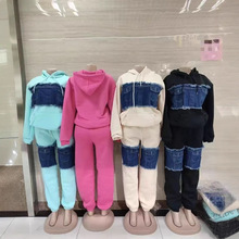 亚马逊速卖通独立站跨境欧美女装加绒连帽卫衣牛仔拼接长裤套装