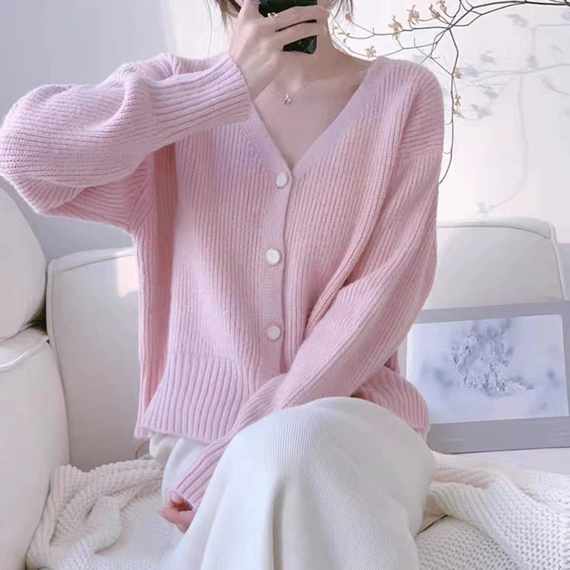 Женский вязаный кардиган, однобортный Топ с мягким V-образным вырезом, топ, осень 2023, новый свободный свитер, Женское пальто