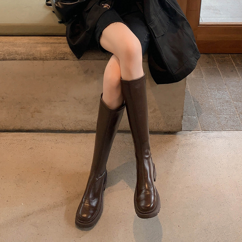 Demi-season retro brown elastic high boots platform