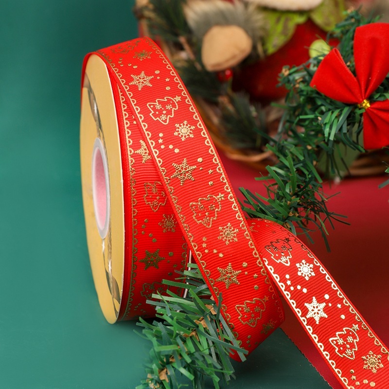 クリスマスリボン卸売 2.5cm クリスマスリボン メリークリスマス文字金箔入りリボン|undefined