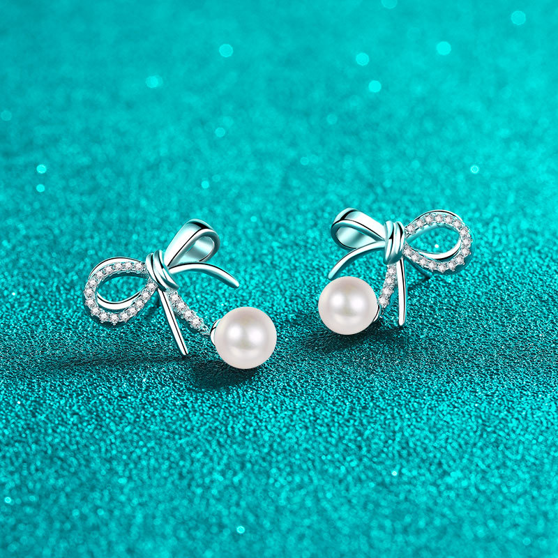 D Colour Moissanite Pearl Bowknot Drop Earrings Sterling Silver_voghion.com