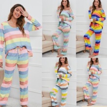 实拍现货2021秋冬新品欧美跨境wish条纹印花大码家居服休闲套装女