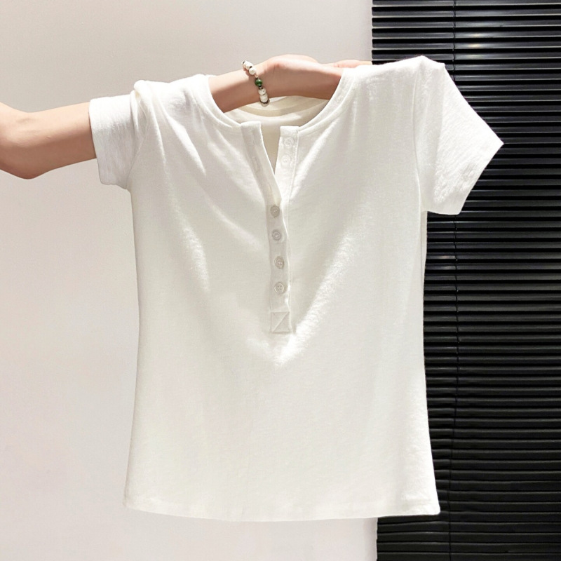 Korean-Style Simple Half-Open Collar Short-Sleeve T-Shirt for Women, 2026 Summer New Fashion Slim-Fit Versatile White Top 12054 Korean-Style Simple Half-Open Collar Short-Sleeve T-Shirt for Women, 2026 Summer New Fashion Slim-Fit Versatile White Top 12054