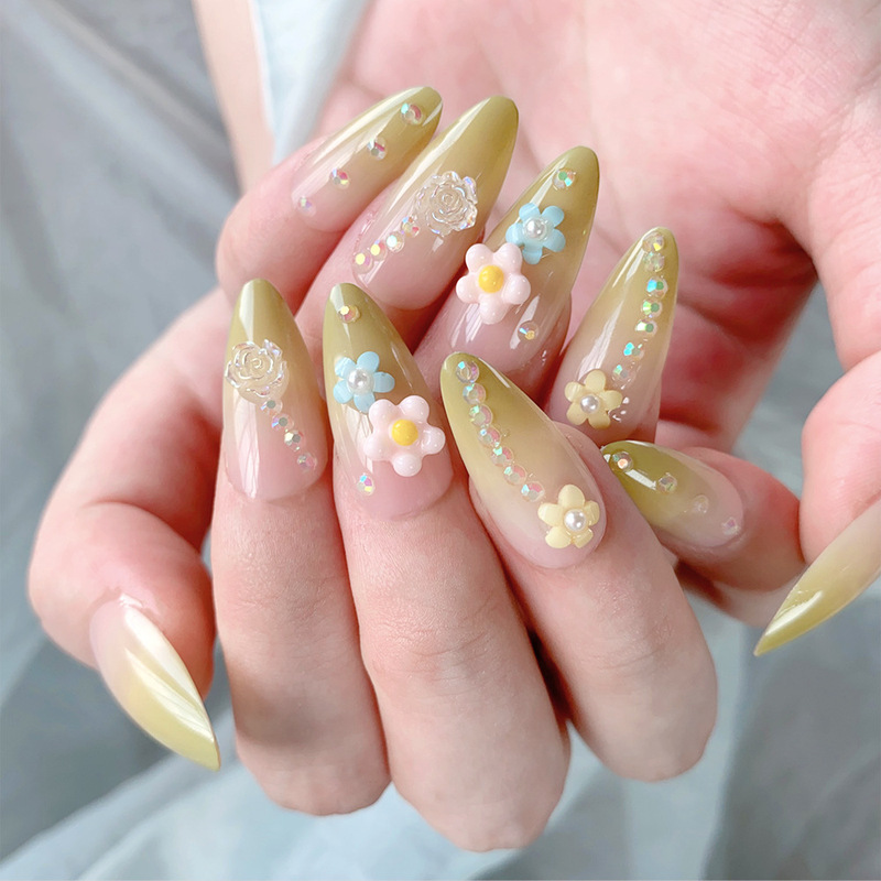 Cross-Border 24-Piece Fresh Spring Lime Gradient Press-On Nails with 3D Rose Flower Design Almond-Shaped Nail Tips