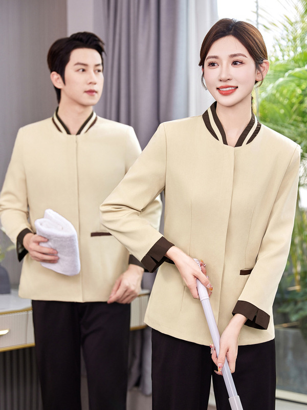 V-Neck Contrast Snap Button Cleaner Work Clothes Long Sleeve Hotel Property Room Attendant Auntie Work Clothes Autumn and Winter