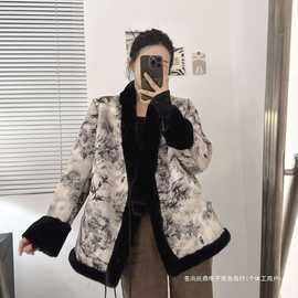 正反两面穿新款中国风麂皮绒印花水墨画中式毛毛外套洋气妈妈中式