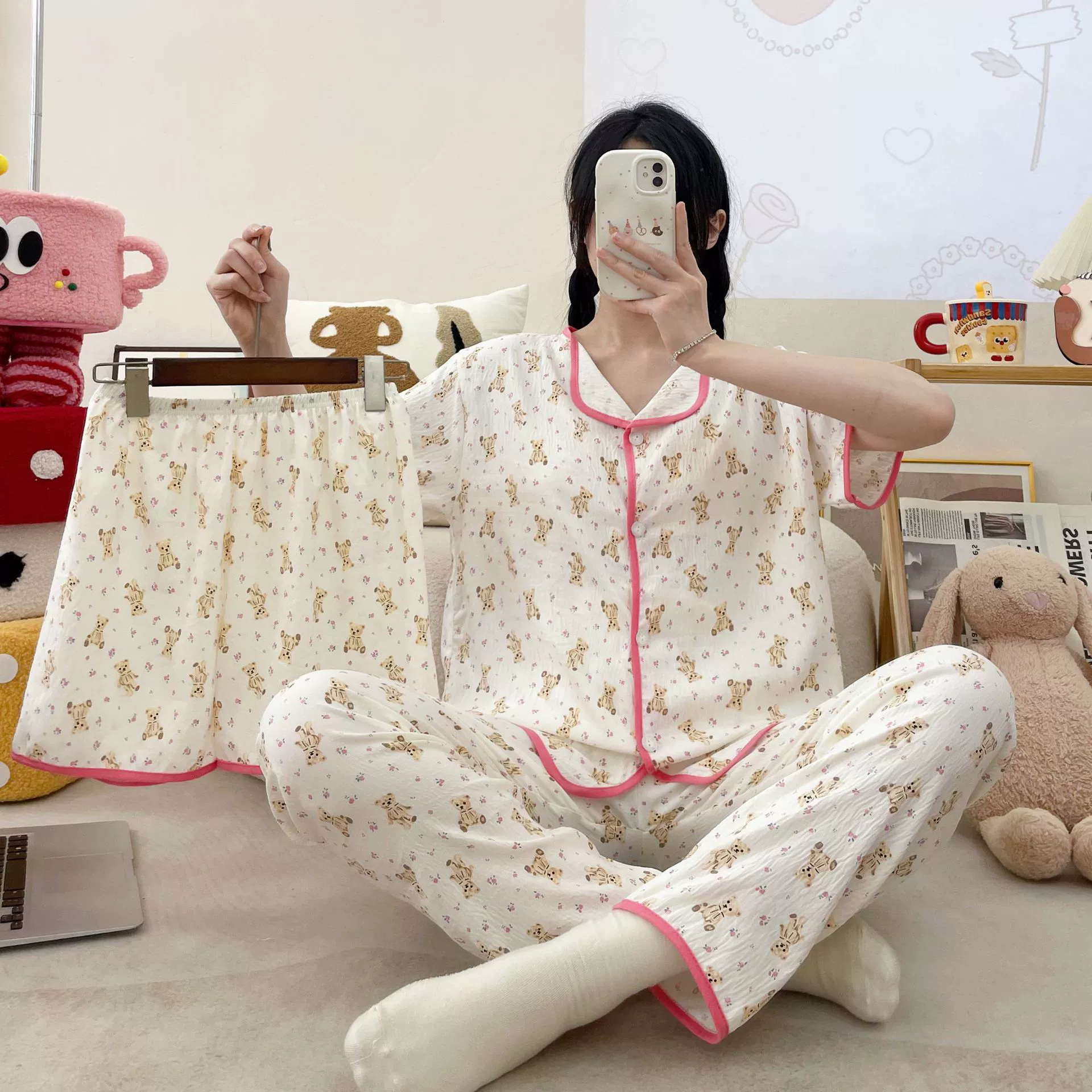 Внешняя торговля, весенне-осенние пижамы, женские брюки с короткими рукавами, кардиган с маленькими лацканами, хлопковая домашняя одежда, шорты, костюм-тройка