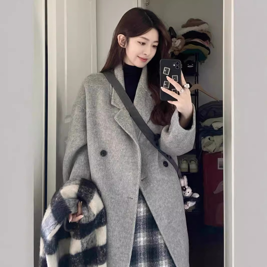 2025 Autumn/Winter Authentic Long-Haired Fabric Double-Sided Wool Korean-Style Loose and Lazy Style Thickened Double-Sided Wool Cashmere Coat