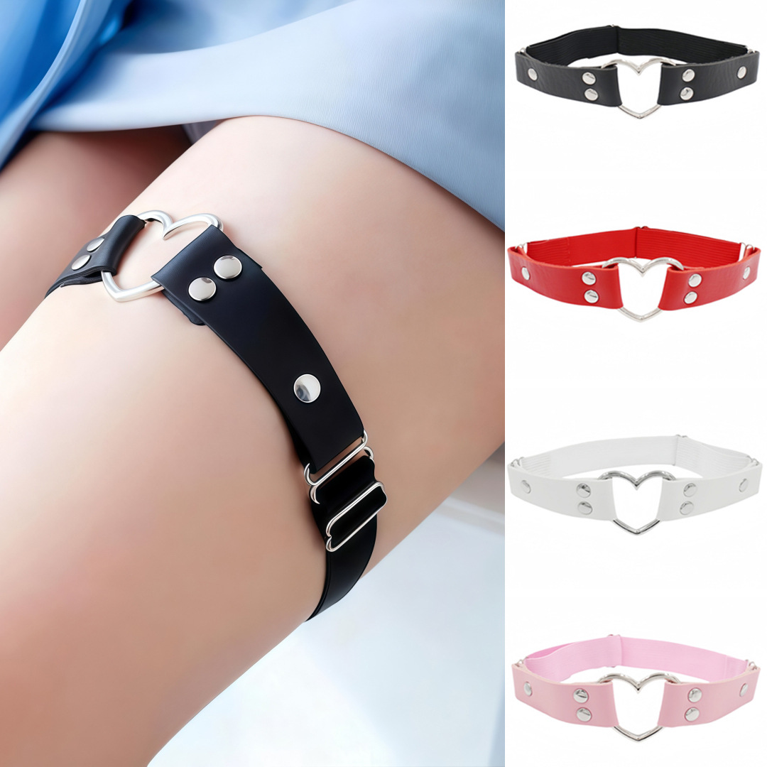 Eco-Friendly Pu Leather Punk Harajuku Heart-Shaped Double-Layer Rivet Leg Harness Garter Belt Street Style Sexy Trendy Accessory Ankle Bracelet