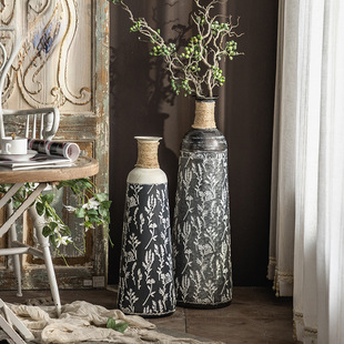 Floor-Standing Large Vase, Retro Old American Iron Art Printed Ornaments, Living Room Dried Flower Arrangement, Courtyard Bed and Breakfast Decoration