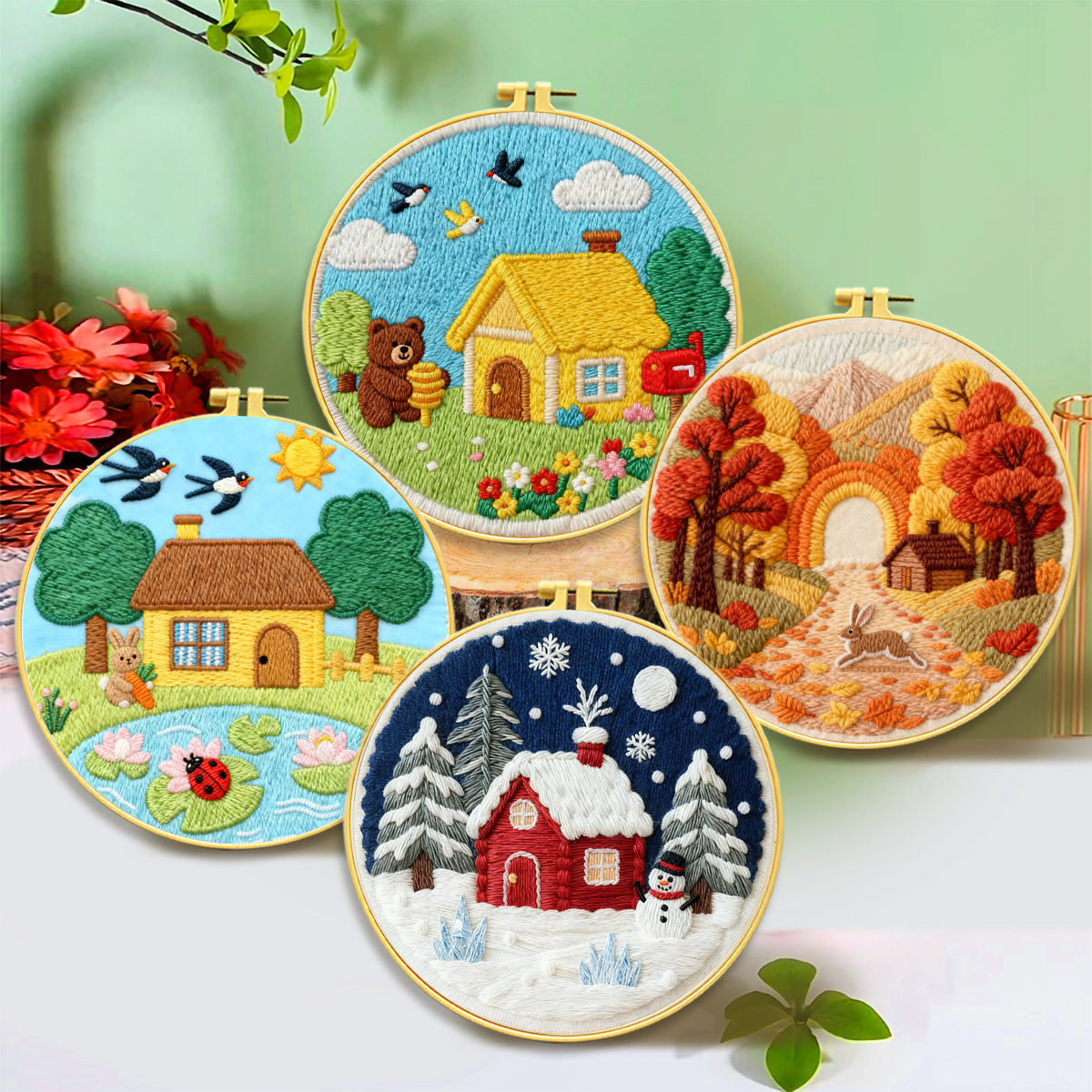 Bordado europeo transfronterizo bordado a mano diy paquete de material paisaje de cuatro estaciones simple DIY Inglés al por mayor