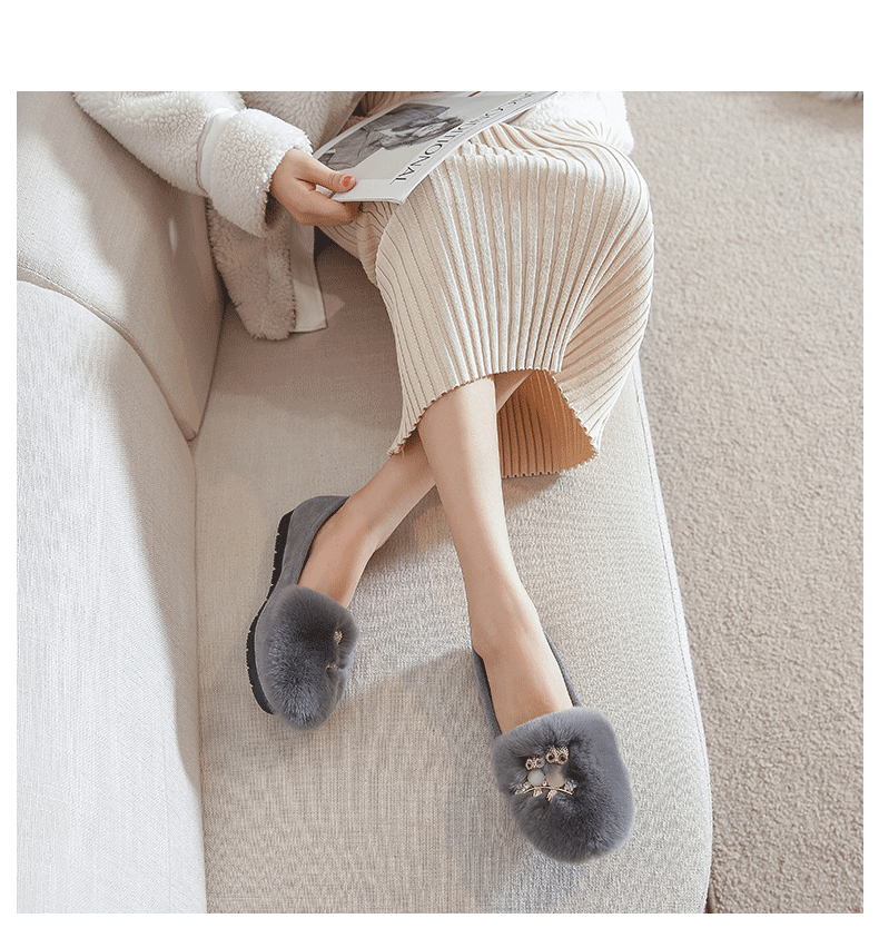 Giày lười nữ lông mềm giữ ấm cổ thấp đế bệt chống trơn trượt — Màu xám, Màu đen chi tiết 16
