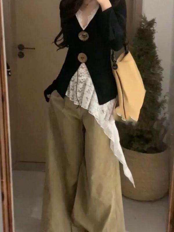 设计感斜边蕾丝吊带叠穿套装女秋氛围感领黑色修身上衣一整套潮|undefined