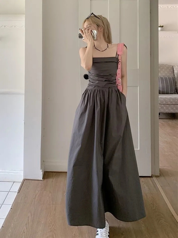 French Style Elegant Sling dress Women's Summer Strapless Skirt Pleated Waist A- Line Skirt Strap Slimming Mid-Length Skirt