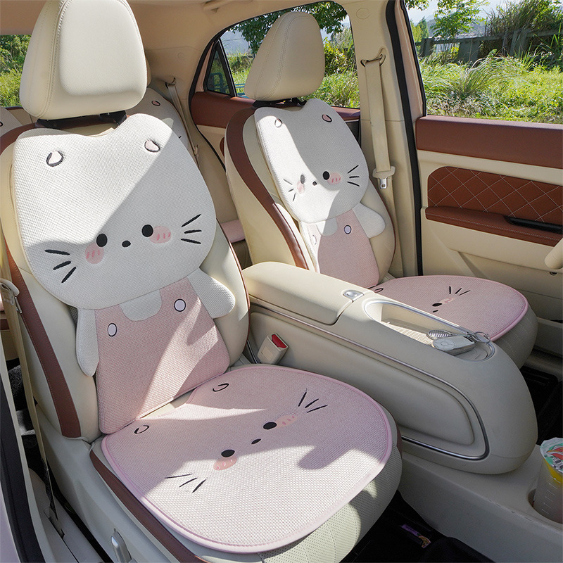 亚麻汽车坐垫四季通用透气车内后排座垫立体萌猫卡通可爱女座椅套