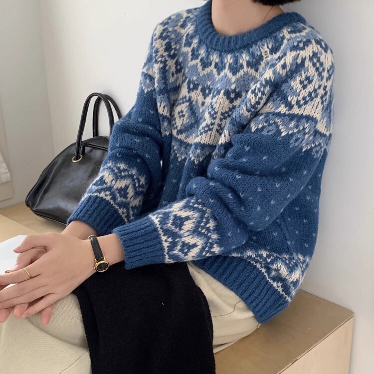 复古费尔岛提花毛衣女秋冬氛围感针织衫套头毛衣春秋季慵懒风加厚|undefined