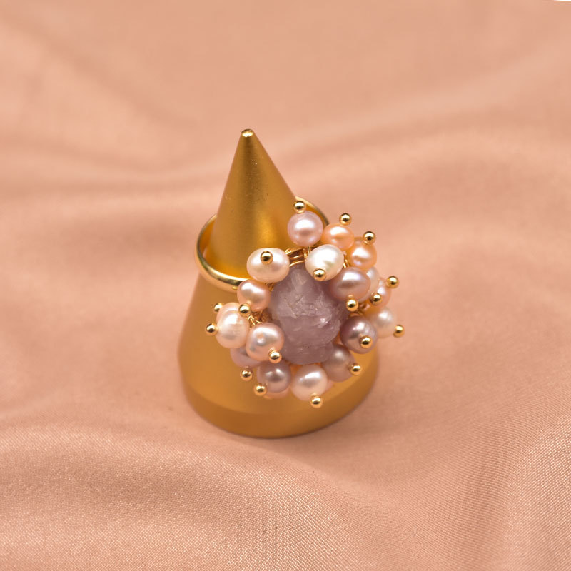 Anillo de perla de cristal de alto nivel, lujo ligero abierto ajustable, joyas hechas a mano, alta calidad al por mayor, natural