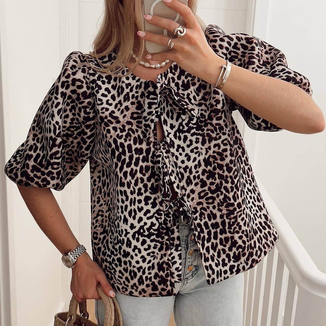 210g Weight Short Sleeve Sleeve Length Wholesale Women's Sexy Streetwear Leopard Short Sleeve Printing Blouses