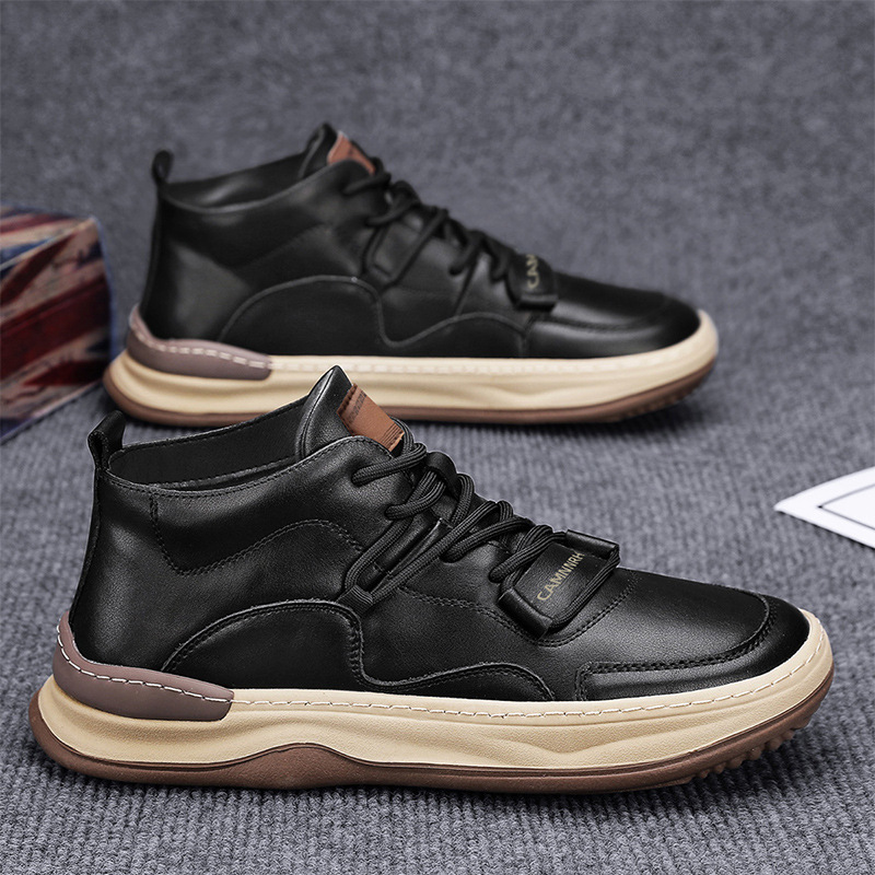 2024 Shake Tone with high quality Fall/Winter Live Leather Waterproof Casual Mid-top Board Shoes Hong Kong Style White Shoes Men's Shoes