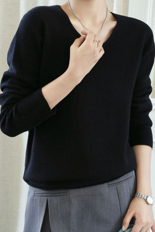 女式羊毛衫V领羊绒羊毛衫女上衣慵懒宽松长袖套头针织打底衫毛衣|undefined