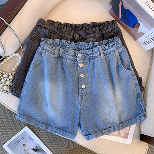 60-175kg Plus Size Women's Denim Shorts Elastic Waist Wide Leg Thin 2024 Summer New Style Fat mm Hot Pants