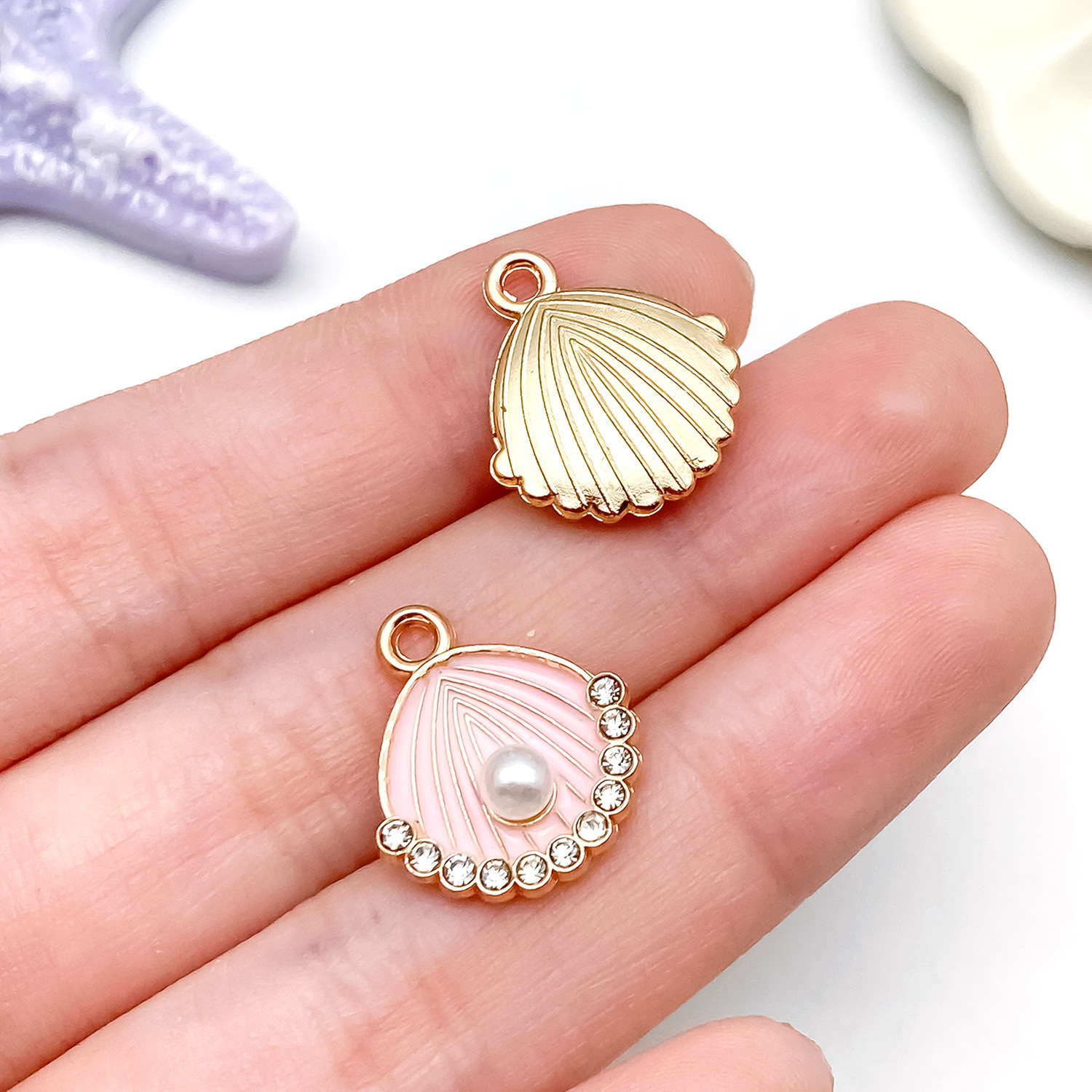 23464-MLN-kc粉色滴油锌合金点钻海洋珍珠贝壳17x