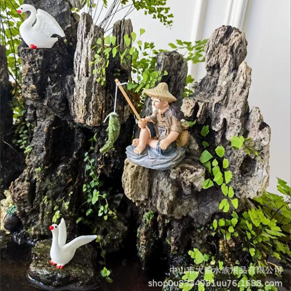 Figura decorativa de anciano pescando – adorno de PVC para paisaje de acuario o escritorio