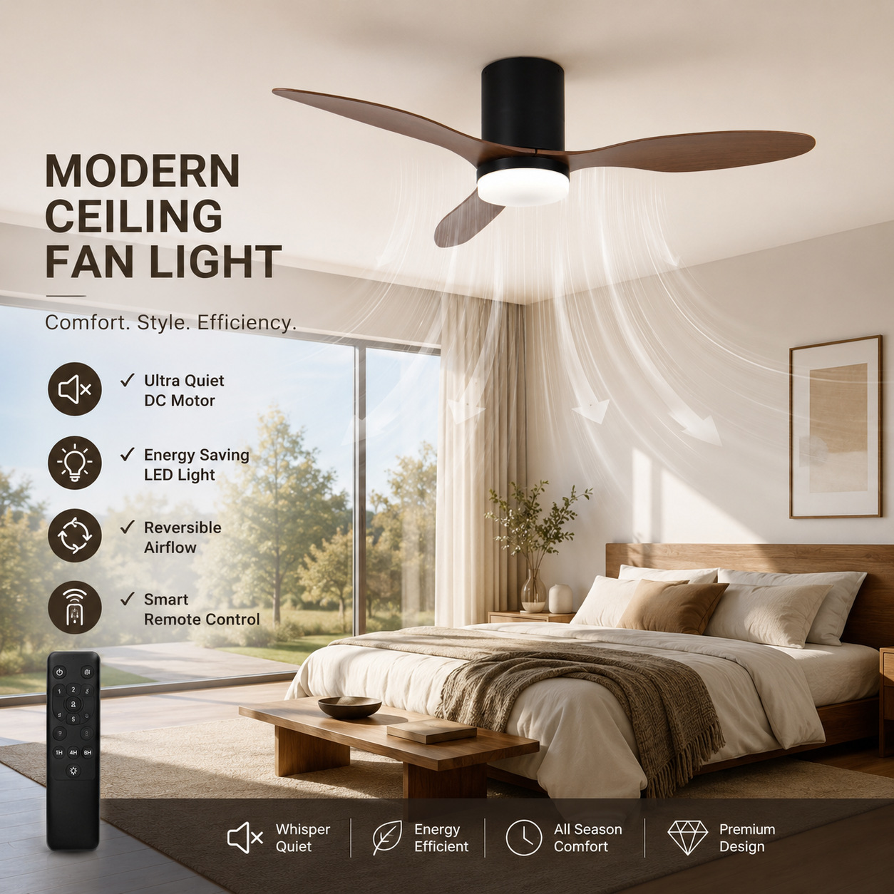 Lámpara Ventilador de Techo Inverter de Plástico ABS Silencioso con Control Remoto para Sala de Estar y Dormitorio